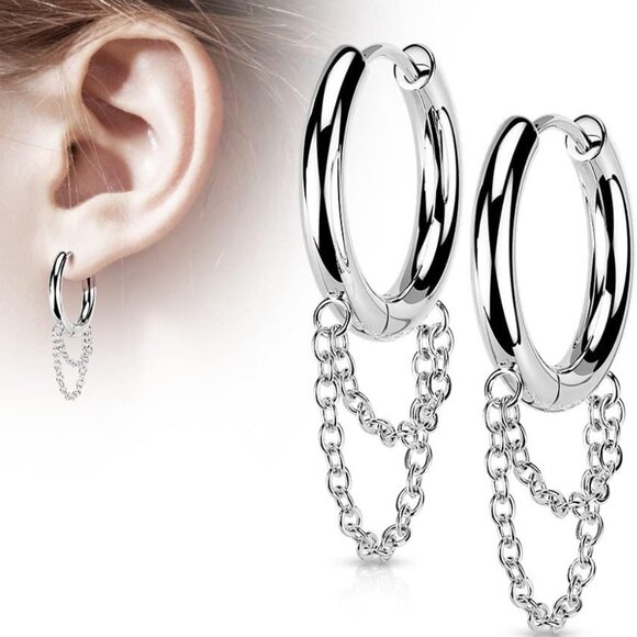 Silver Tone 18GA 316L Stainless Steel Double Hoop Earrings for Women - Picture 5 of 6